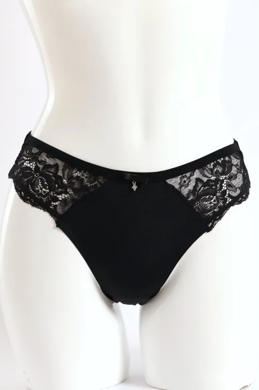 Bonded Microfibre & Lace Brazilian Panty - Black sold by Edgars