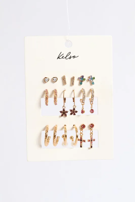 9 Pack Colour Cross Hoop Earrings - Gold sold by Edgars