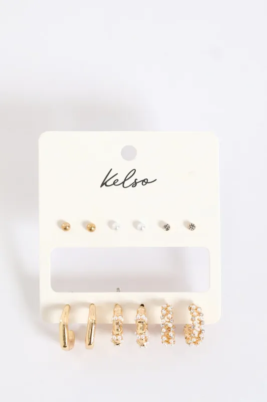 6 Pack Pearl Bead & Diamante Hoops - Gold sold by Edgars