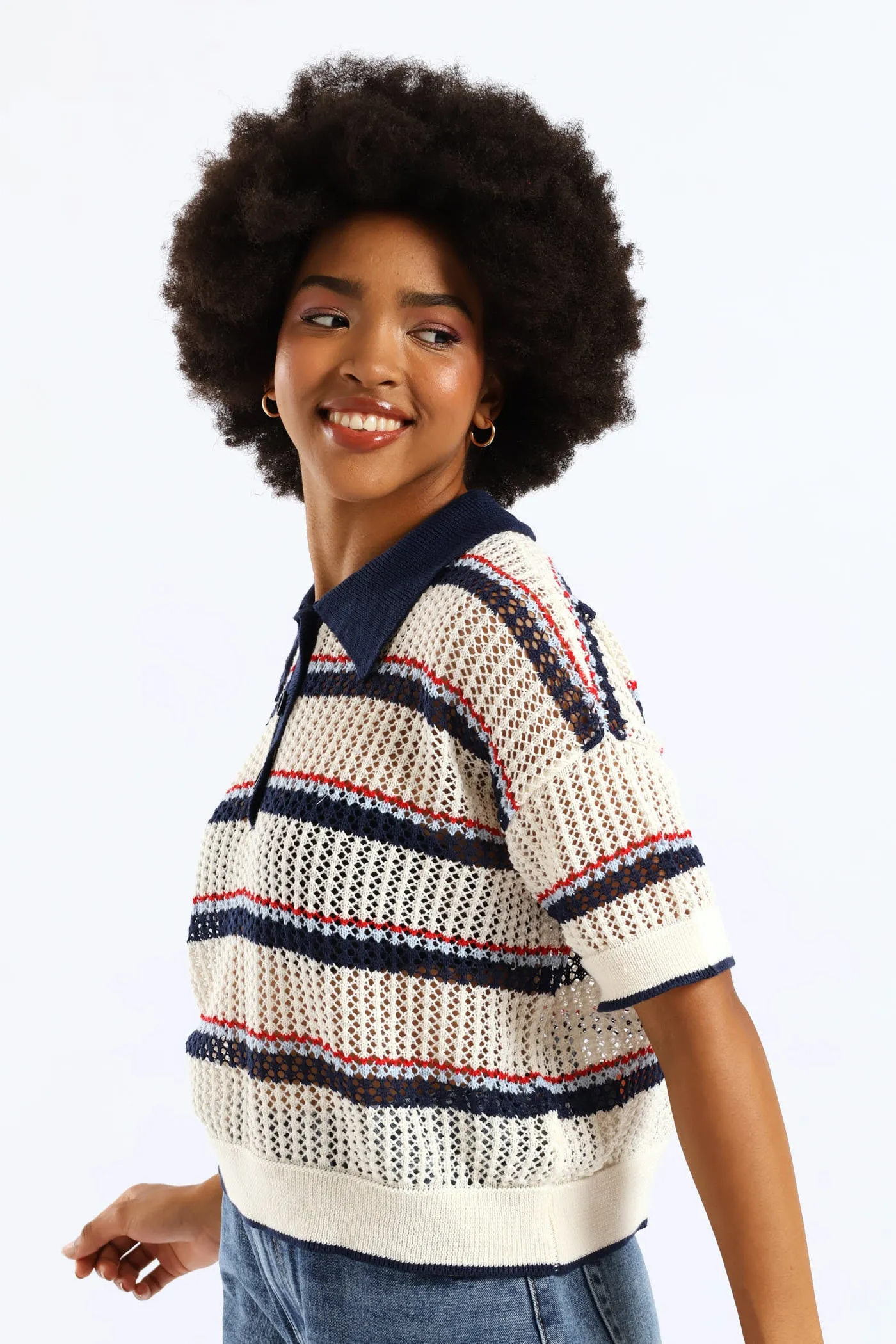 Stripe Knitted Polo Shirt - Cream sold by Edgars product image thumbnail 5