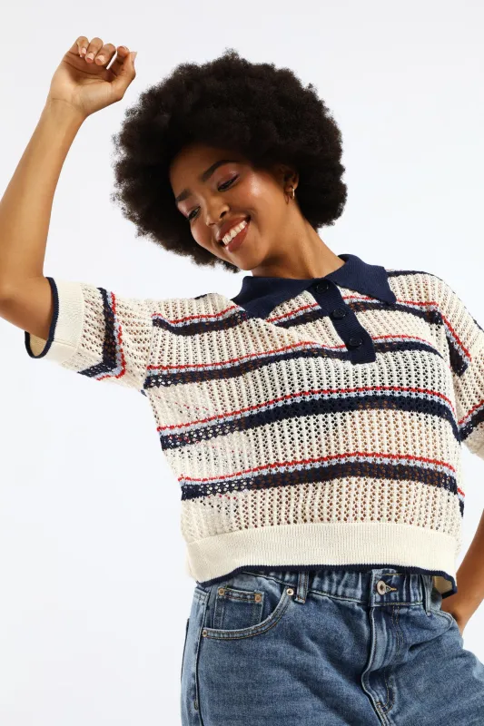 Stripe Knitted Polo Shirt - Cream sold by Edgars