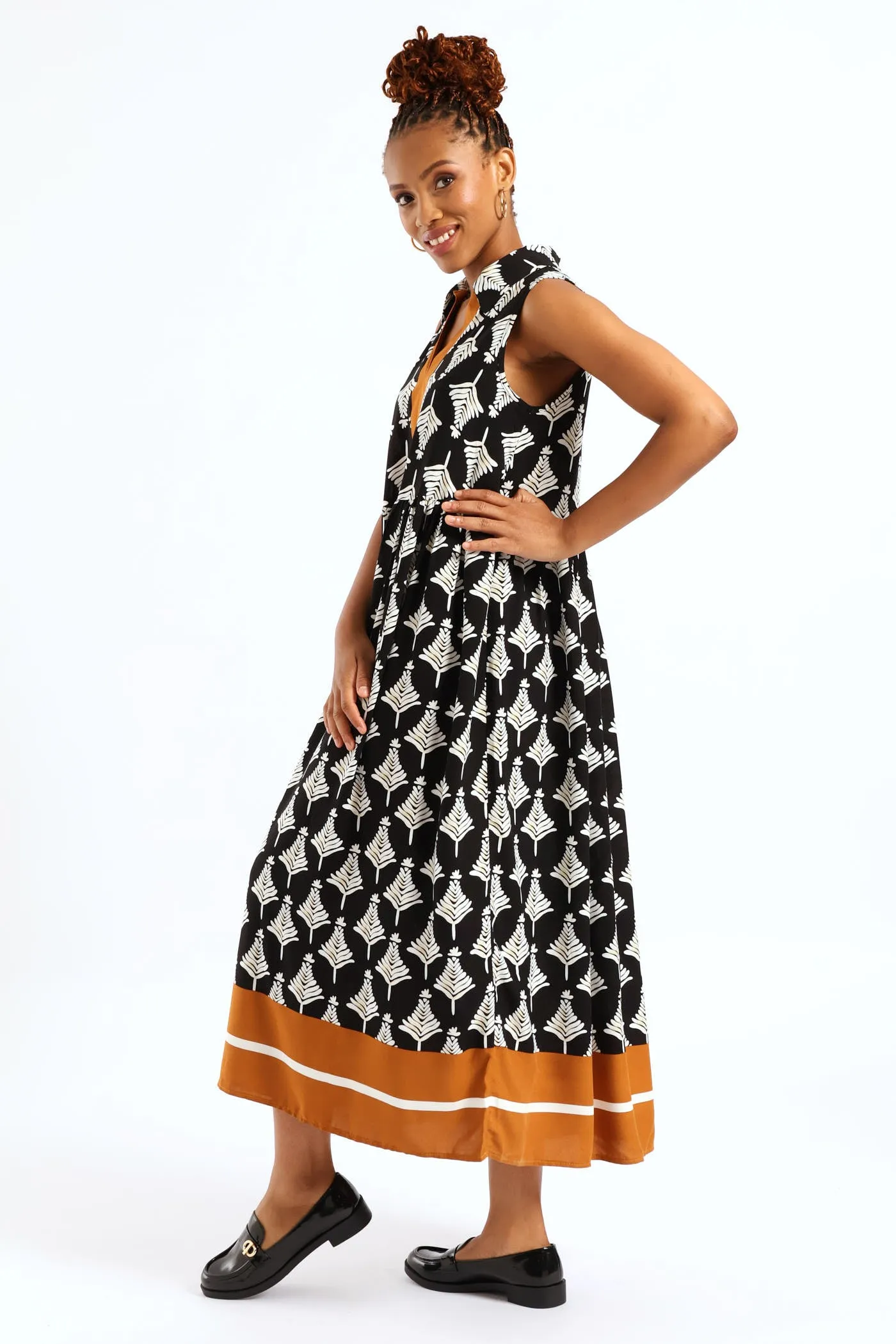 Half Placket Collar Border Print Shift Midi Dress - Black/Beige sold by Edgars product image thumbnail 2