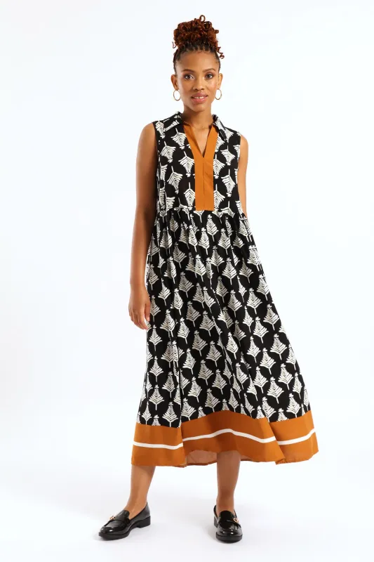 Half Placket Collar Border Print Shift Midi Dress - Black/Beige sold by Edgars