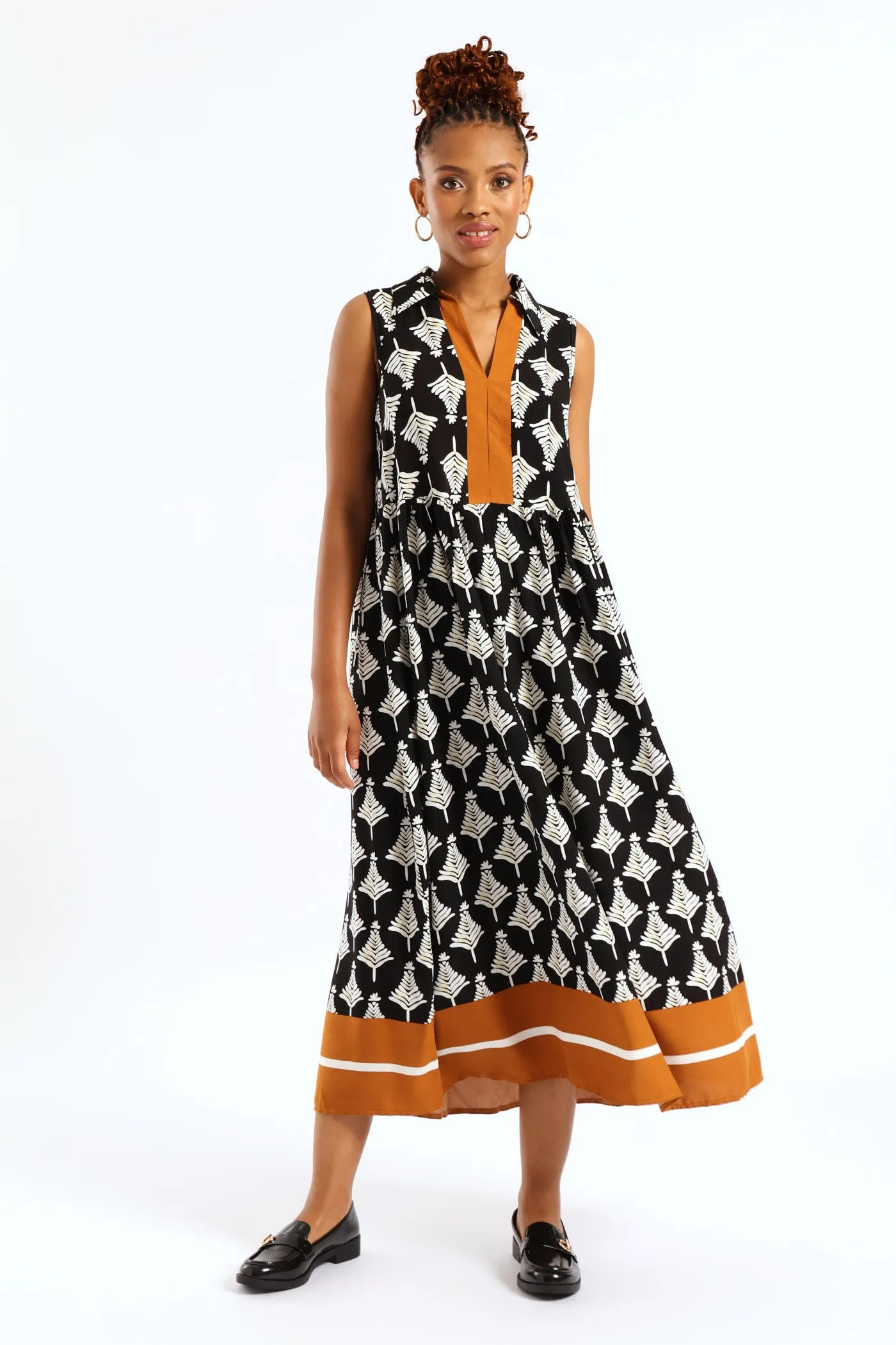 Half Placket Collar Border Print Shift Midi Dress - Black/Beige sold by Edgars
