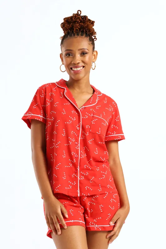 Button Through Xmas Knit Short Set - White/Red sold by Edgars