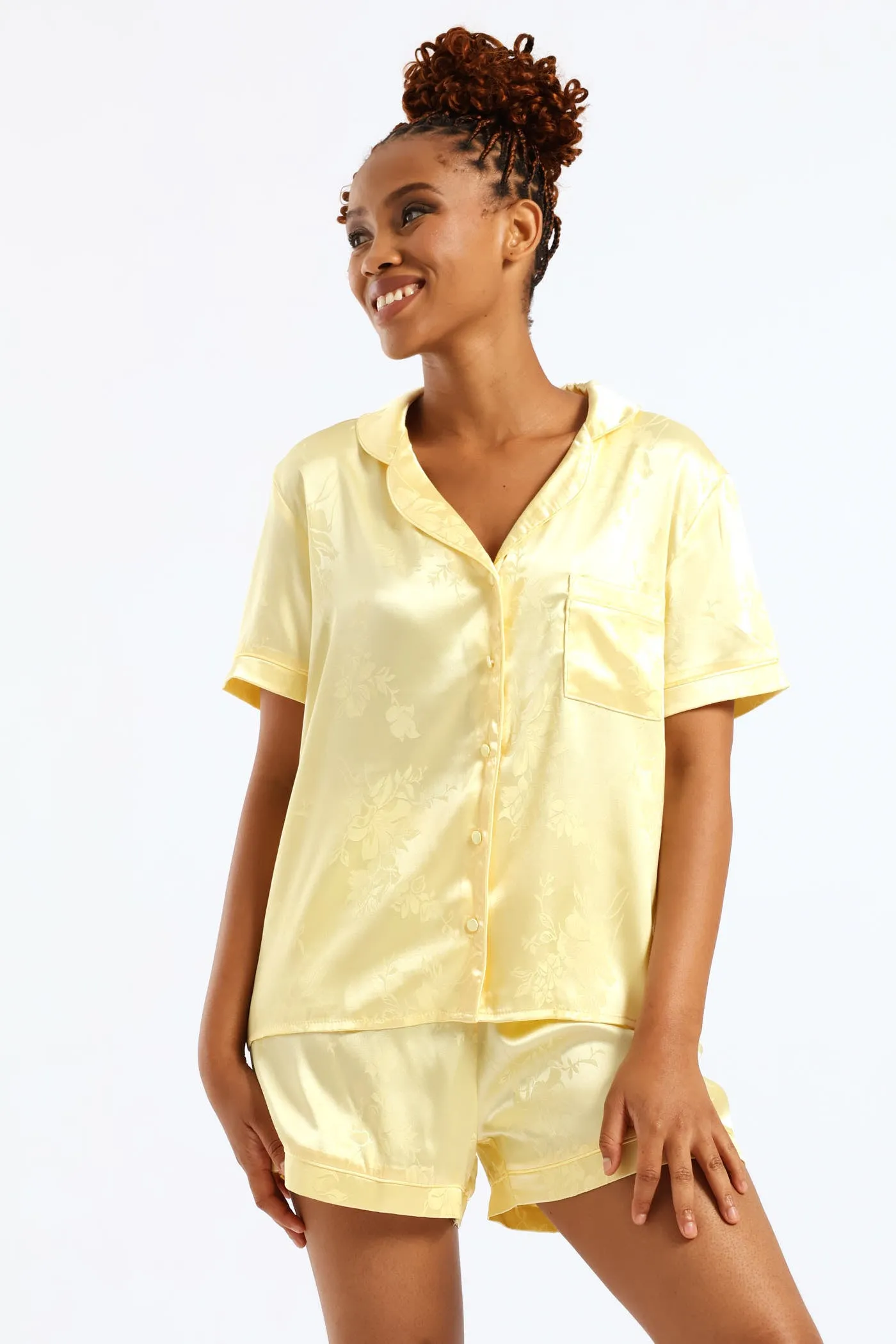 Button Through Satin Embossed Floral Short Set - Yellow sold by Edgars