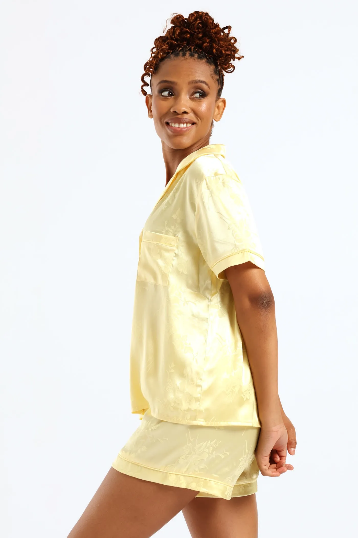 Button Through Satin Embossed Floral Short Set - Yellow sold by Edgars product image thumbnail 4