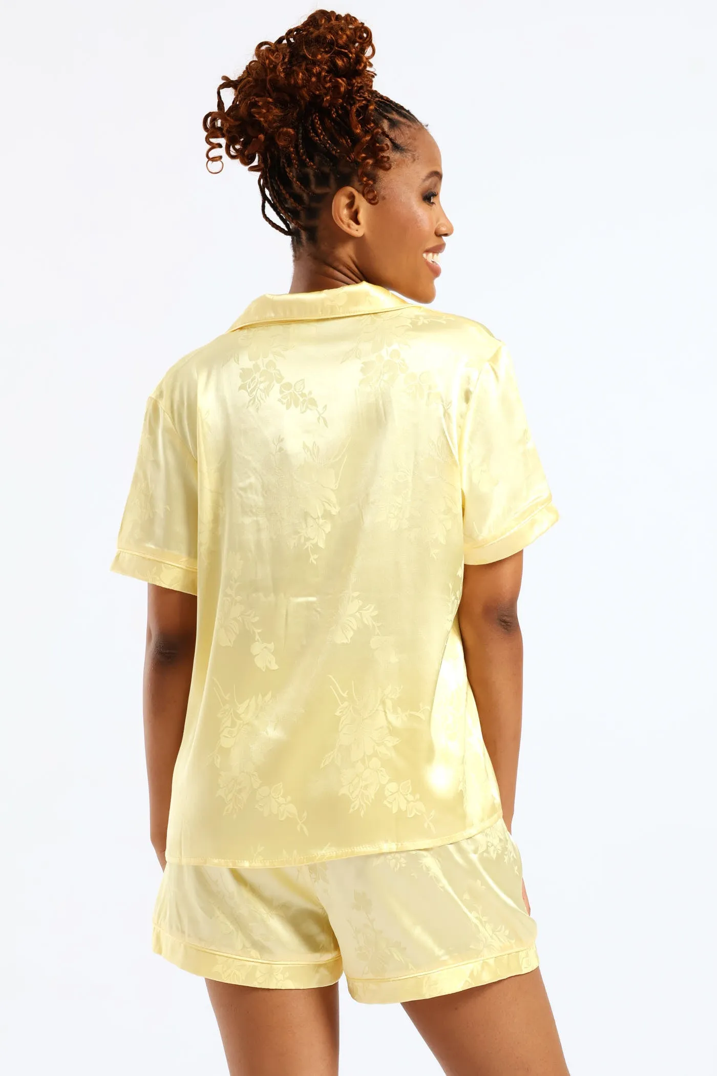 Button Through Satin Embossed Floral Short Set - Yellow sold by Edgars product image thumbnail 2