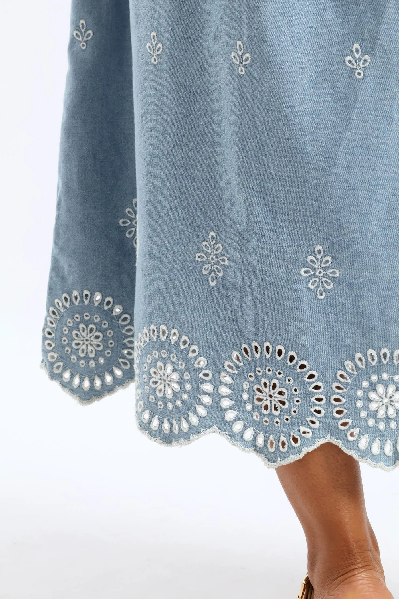 Anglaise Detail Shirred Waist Fit & Flare Midi Dress - Light Wash sold by Edgars product image thumbnail 5