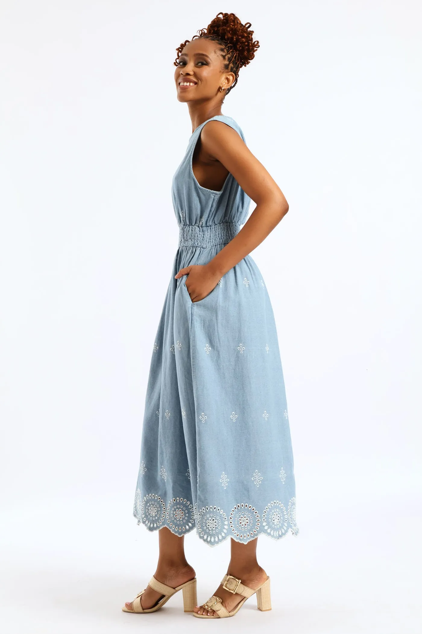 Anglaise Detail Shirred Waist Fit & Flare Midi Dress - Light Wash sold by Edgars product image thumbnail 3