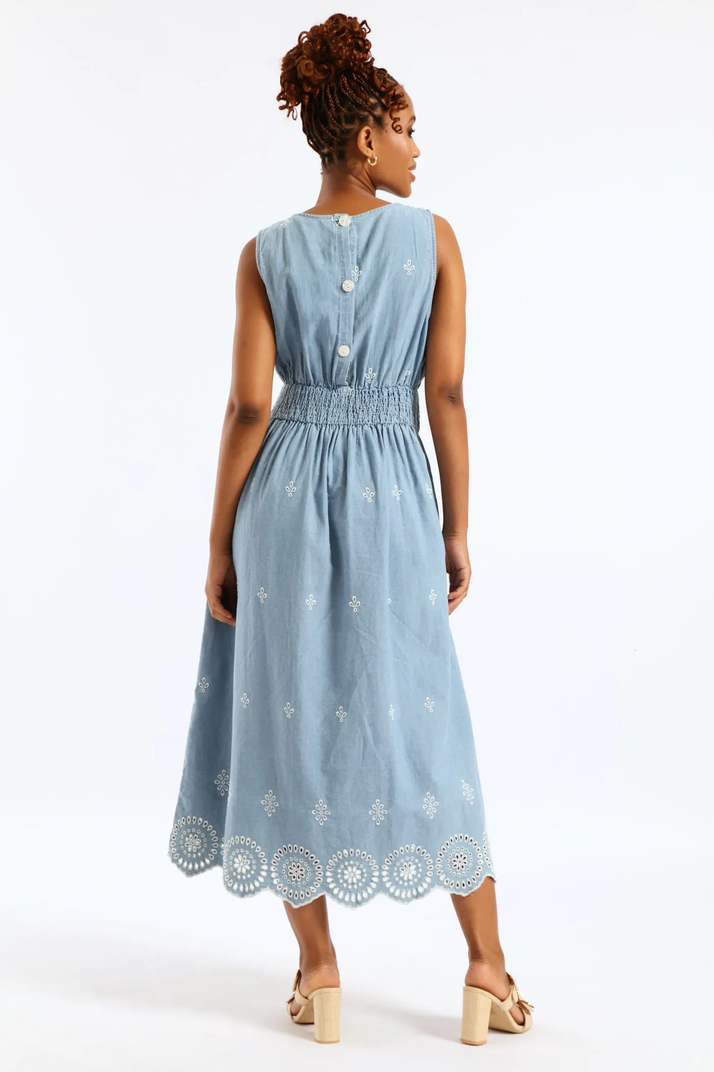 Anglaise Detail Shirred Waist Fit & Flare Midi Dress - Light Wash sold by Edgars product image thumbnail 2