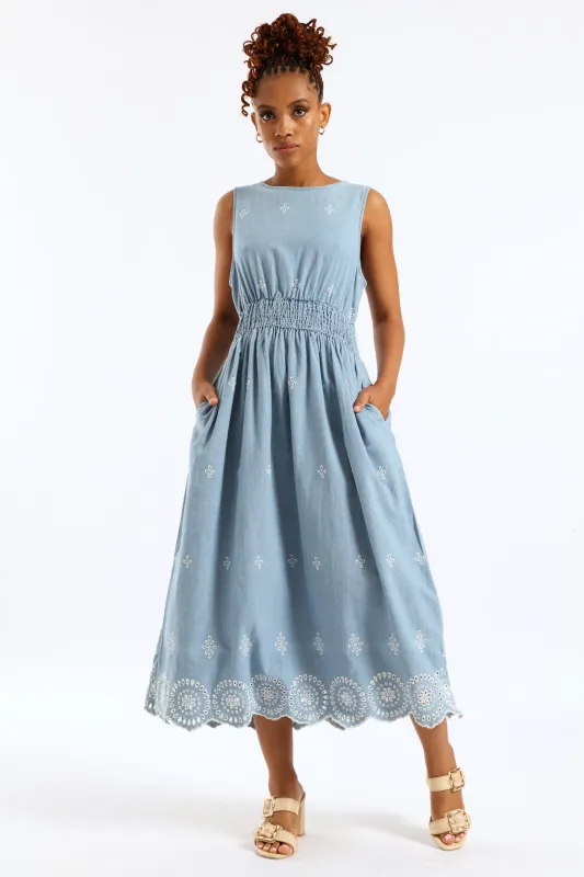 Anglaise Detail Shirred Waist Fit & Flare Midi Dress - Light Wash sold by Edgars