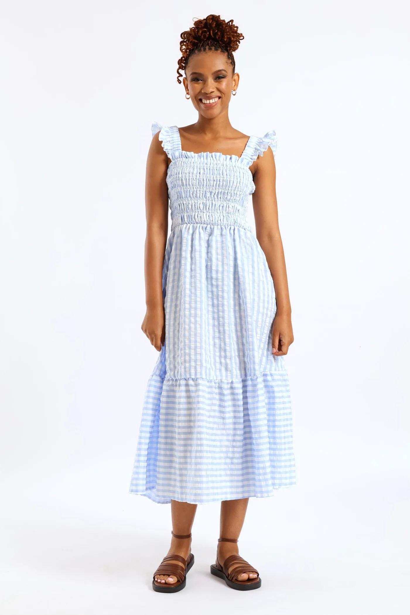 Frill Strap Shirred Bodice Frill Hem Midaxi Dress - White/Light Blue sold by Edgars product image thumbnail 4