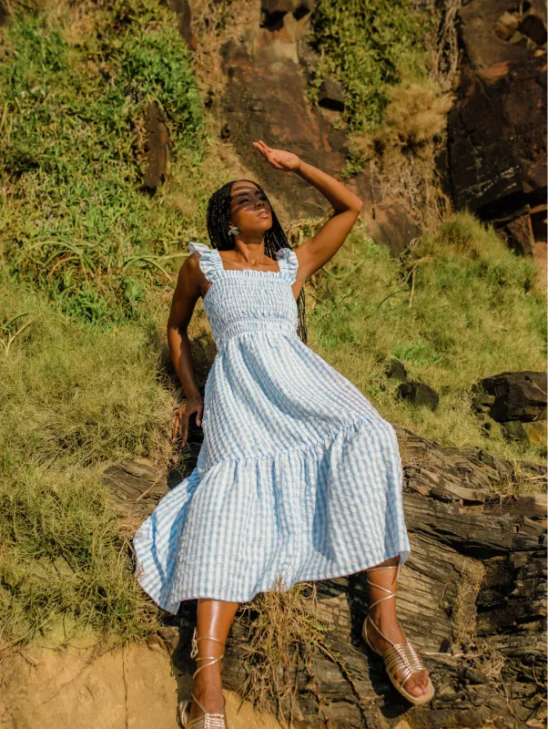 Frill Strap Shirred Bodice Frill Hem Midaxi Dress - White/Light Blue sold by Edgars