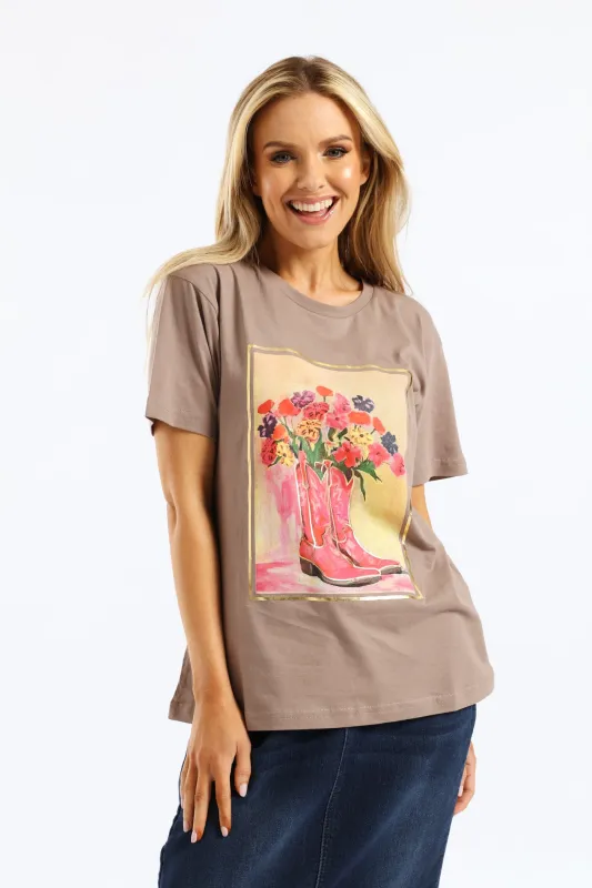 Bouquet & Boots Tee - Taupe sold by Edgars