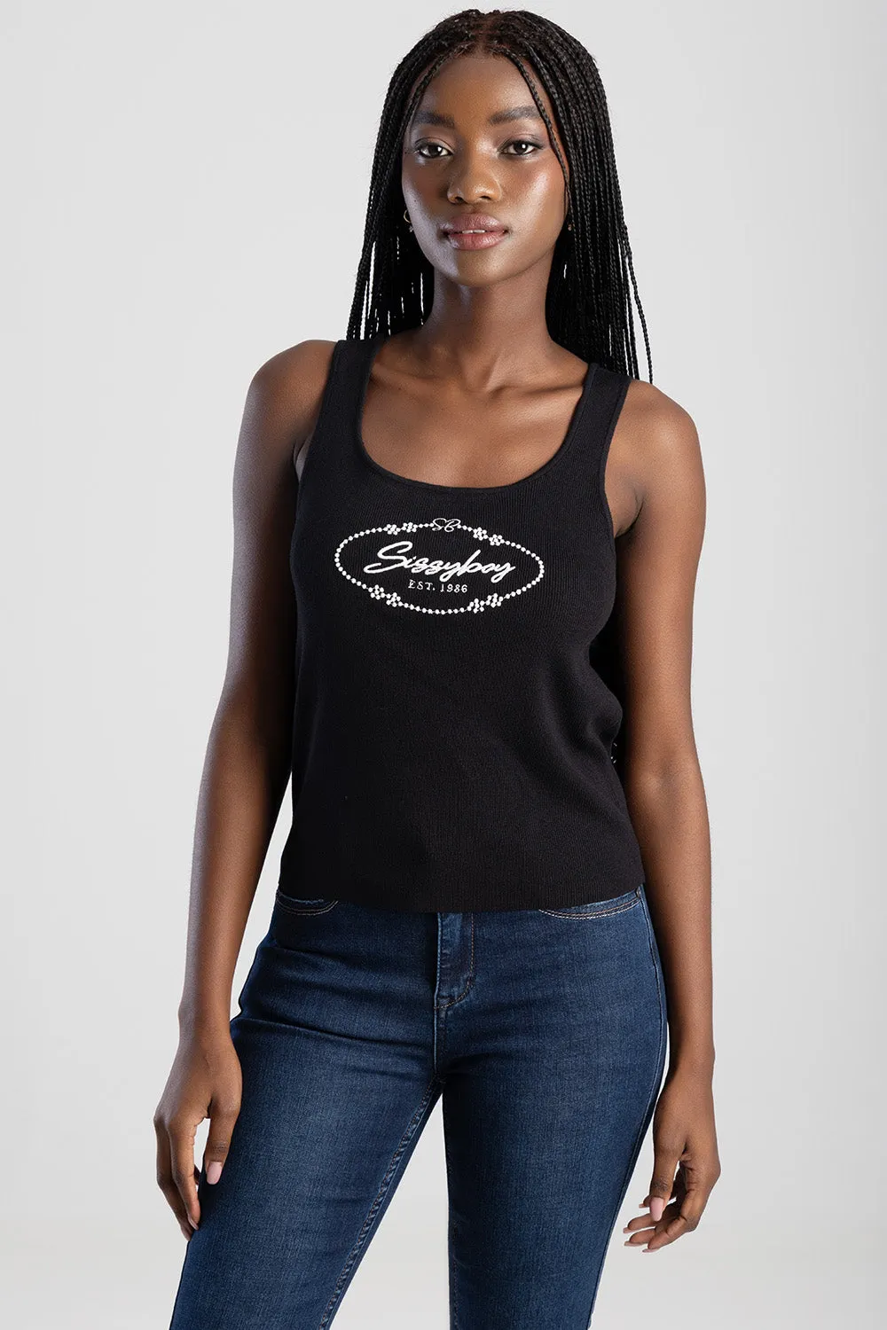Sleeveless Knit Top With Embroidered Logo Design - Black sold by Edgars