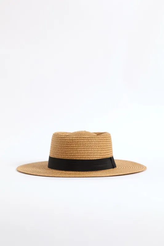 Black Ribbon Boater Hat - Tan sold by Edgars
