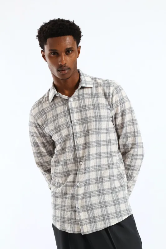 Check Crinkle Slim Long Sleeve Shirt - Stone sold by Edgars