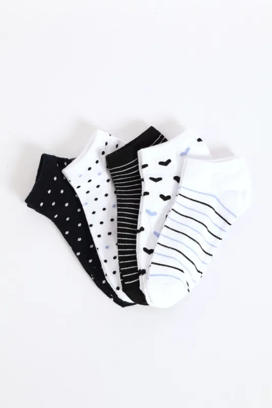 5 Pack Hearts & Spots Low Cut Fashion Socks - White/Navy sold by Edgars