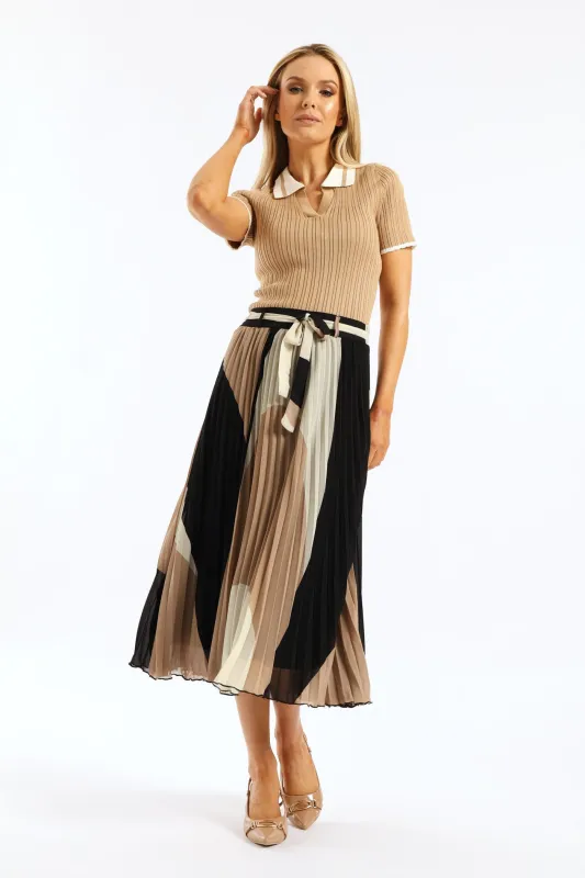 Abstract Chiffon Pleated Midi Skirt - Taupe/Cream sold by Edgars