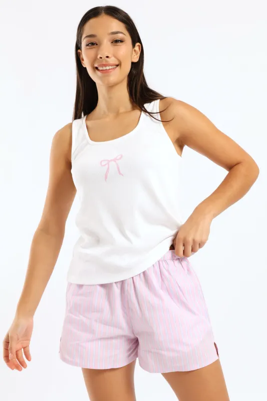 Rib Tank & Woven Short Set - White/Pink sold by Edgars