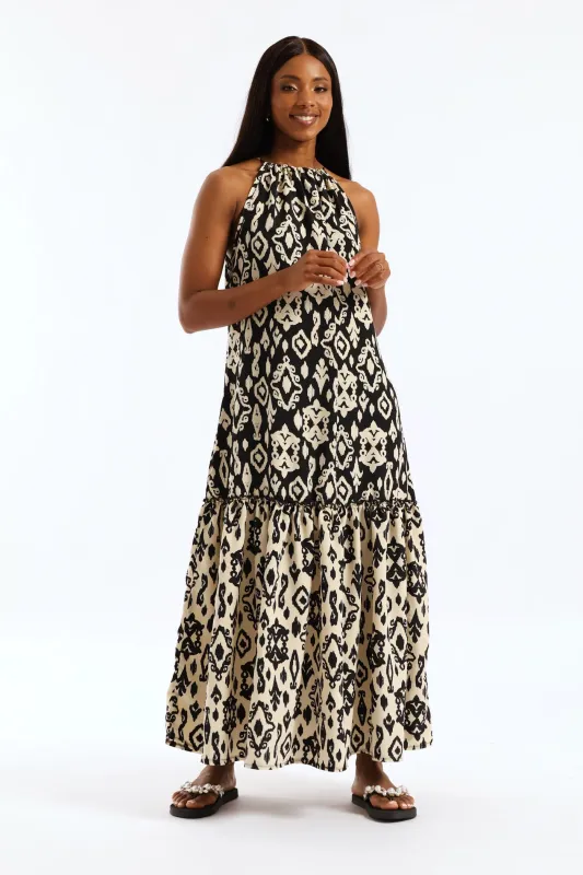 Contrast Frill Hineck Halter Maxi Dress - Black/Beige sold by Edgars