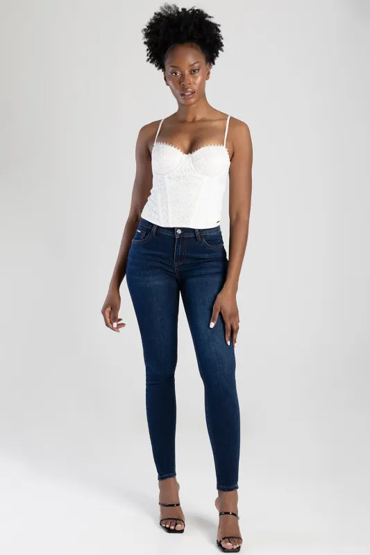Full Pocket Embroidery Detail Mid Waist Skinny Jean - Dark Blue sold by Edgars