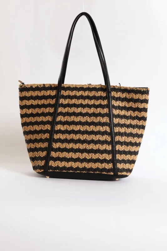 Straw Shopper Bag - Black/Tan made by Edgars