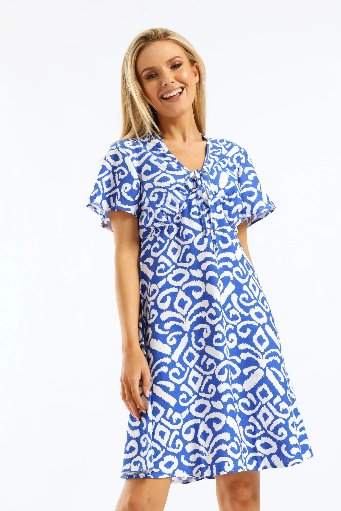 Flutter Sleeve Tie-Back Flare Mini Dress - Cobalt/White sold by Edgars