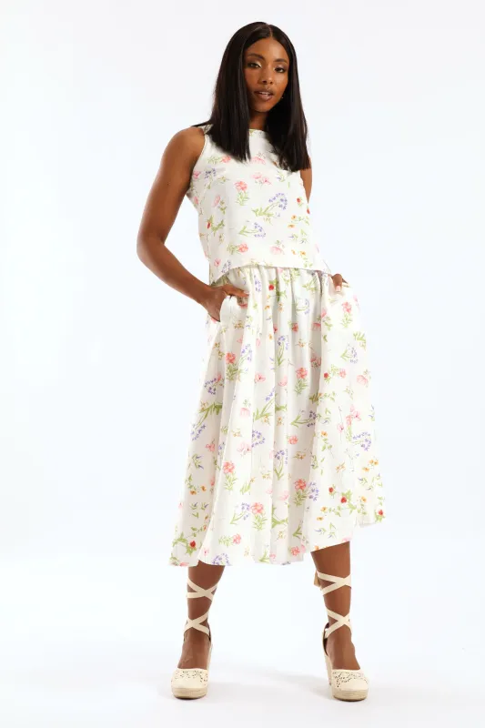 Pull On Elasticated Flare Garden Floral Print Midi Skirt - Cream sold by Edgars
