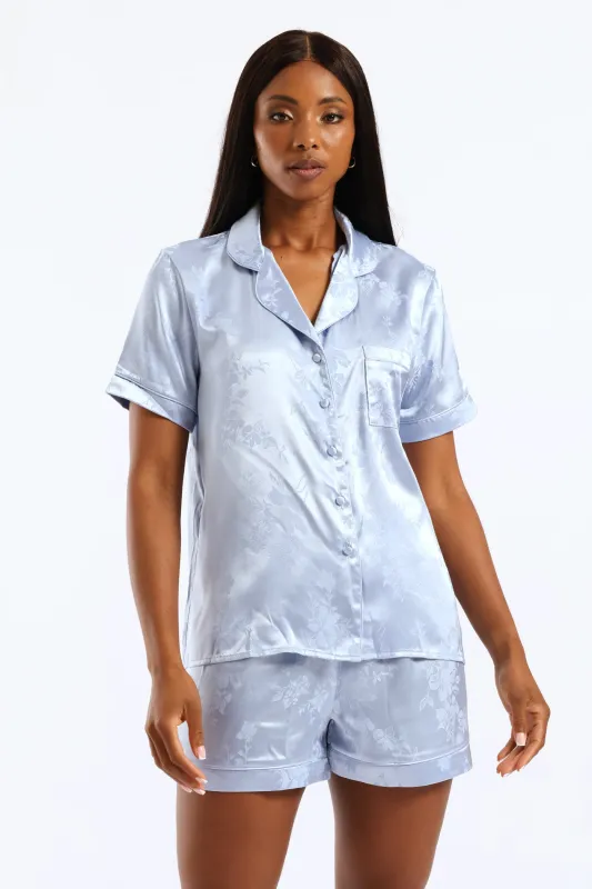 Embossed Floral Button Through & Satin Short Set - Blue sold by Edgars