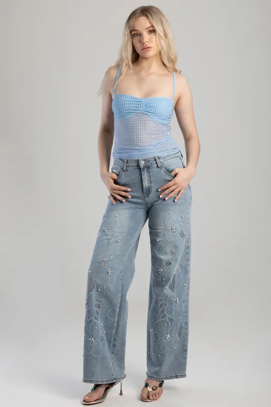 High Waisted Anglaise Hem Cropped Wide Leg Denim - Medium Wash sold by Edgars