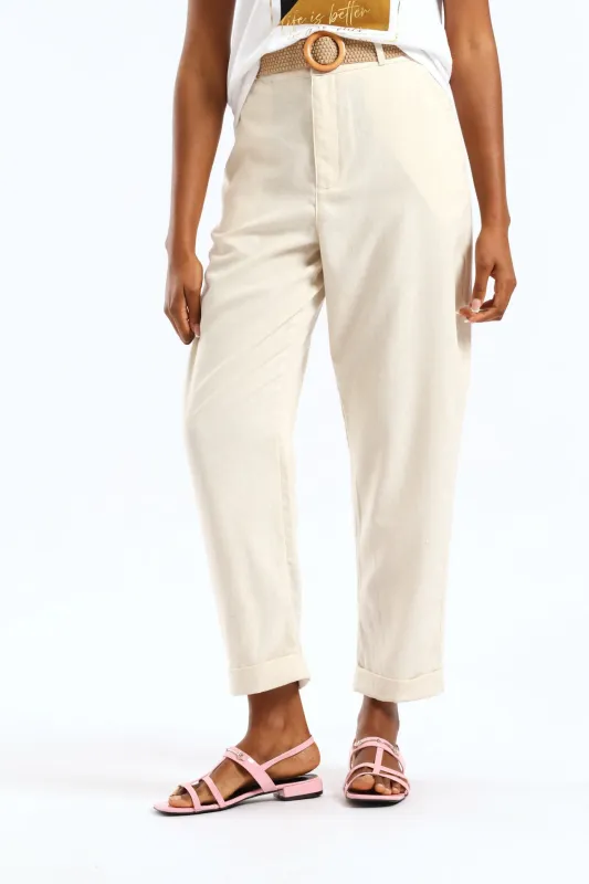 Turnup Detail Raffia Belted Tapered Trouser - Oatmeal Melange sold by Edgars