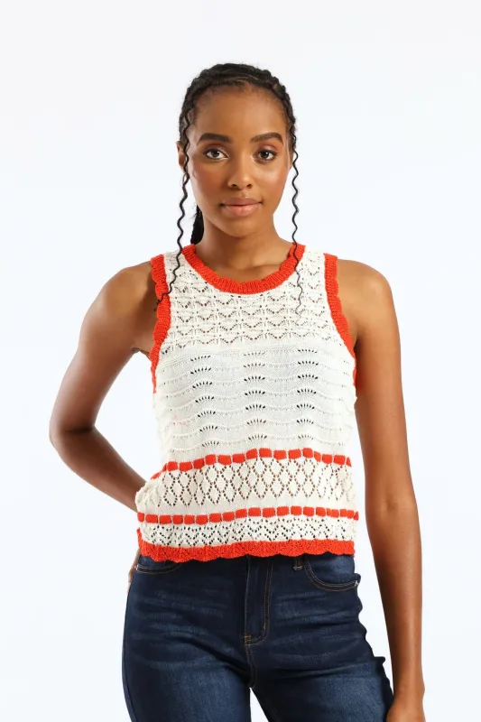Contrast Scallop Detail Pointelle Knitwear Top - White/Orange sold by Edgars