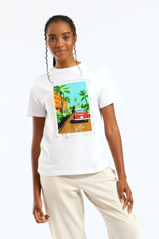 Miami Life Is Better In Sunshine Tee - White sold by Edgars