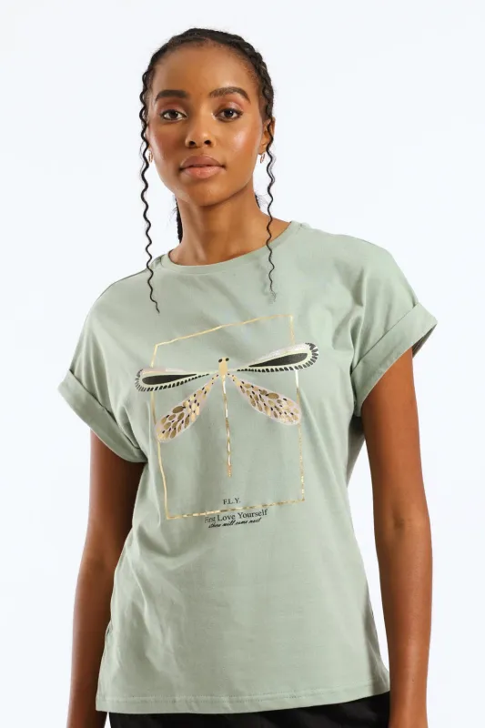 Dragonfly Foil Muscle Tee - Eucalyptus Green sold by Edgars