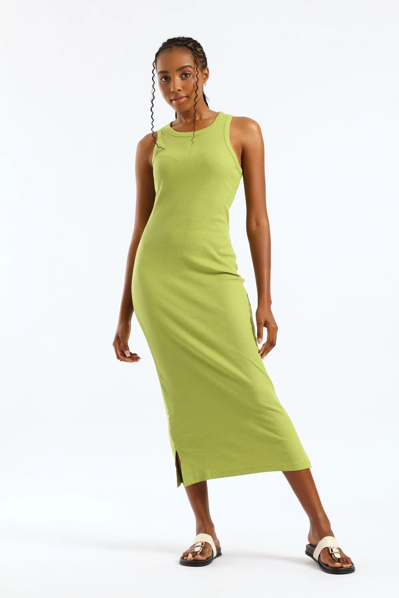 Rib Tank Column Side Slits Midi Dress - Chartreuse sold by Edgars