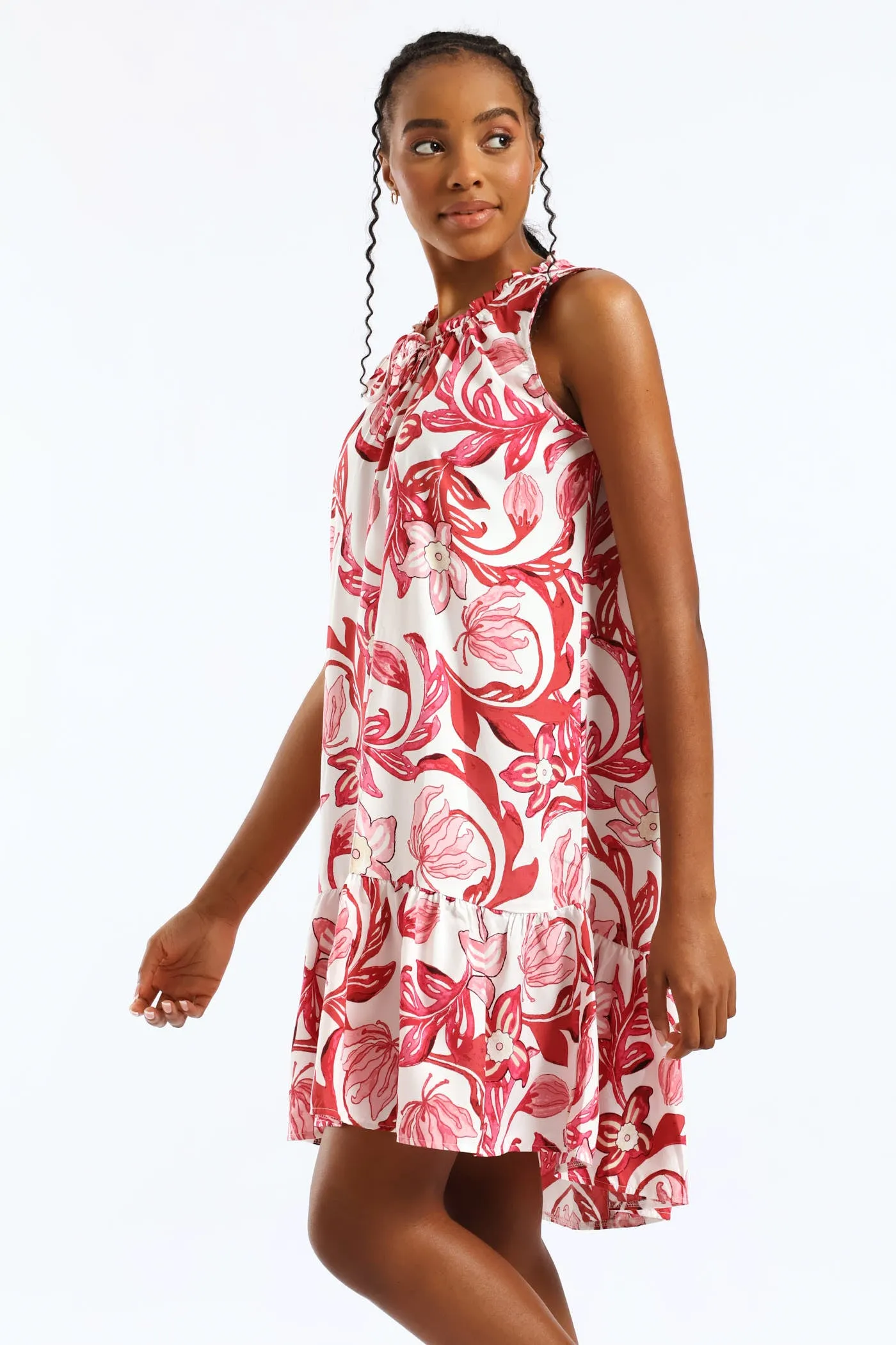 Frill Neck Printed Drop Hem Dress - White/Pink sold by Edgars product image thumbnail 4