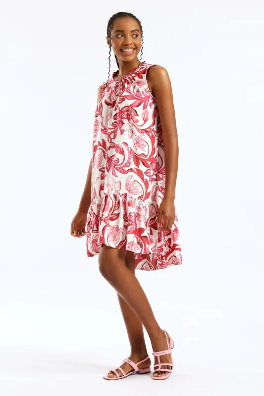 Frill Neck Printed Drop Hem Dress - White/Pink sold by Edgars