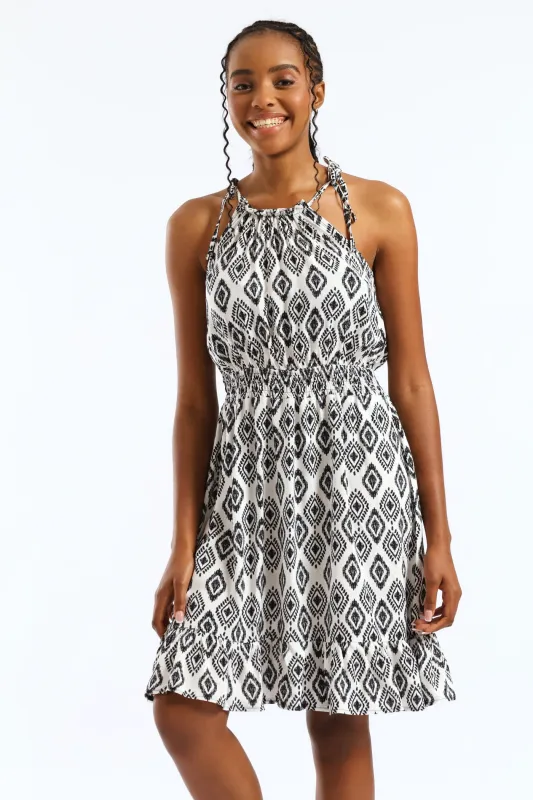 Strappy Shirred Waist Printed Mini Dress - White/Black sold by Edgars
