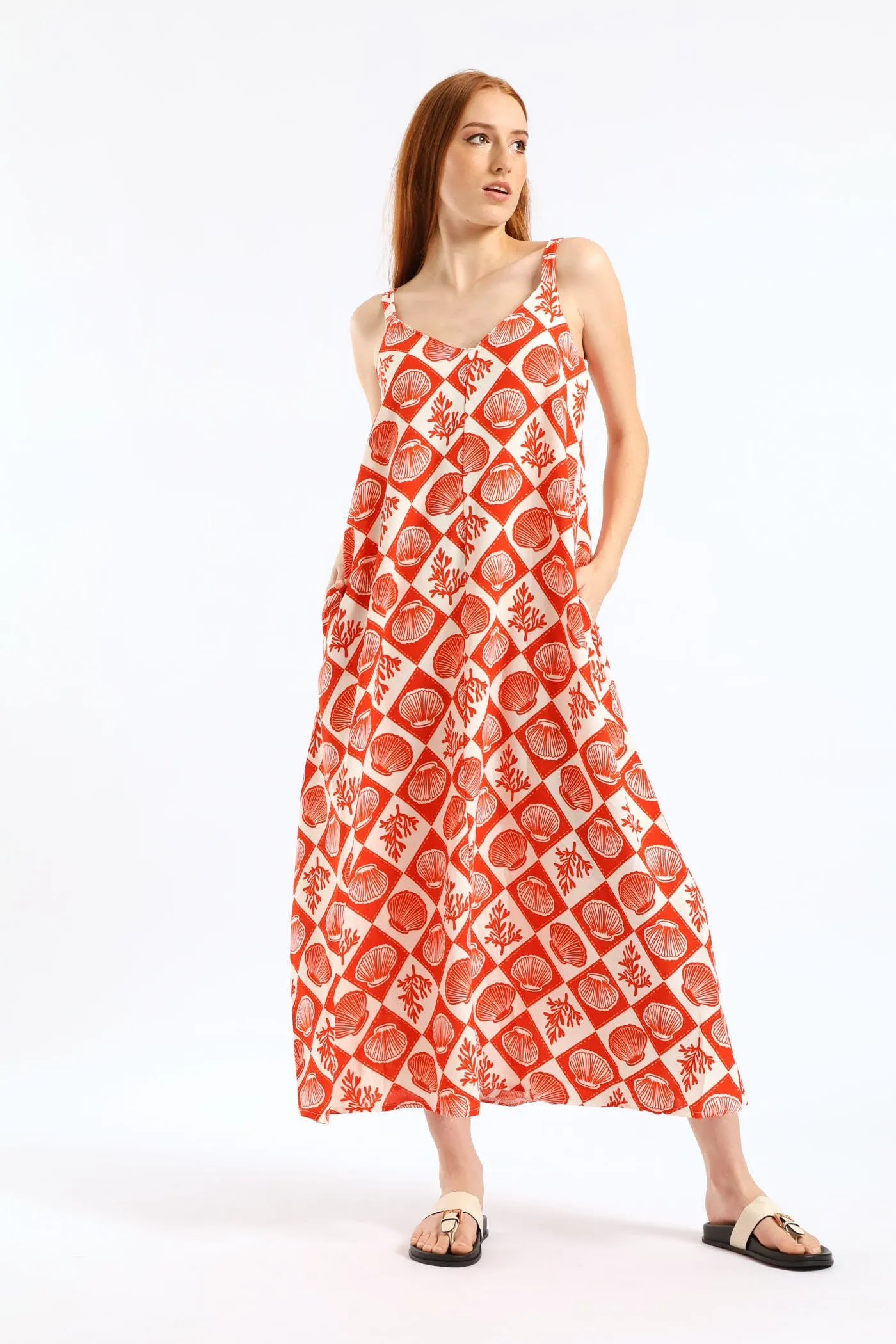 V-Neck Flare Slip Midi Dress - White/Orange sold by Edgars