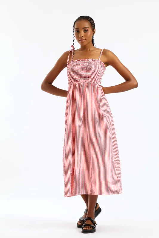 Tie Strap Shirred Bodice Seesucker Stripe Fit & Flare Midi Dress - White/Red sold by Edgars