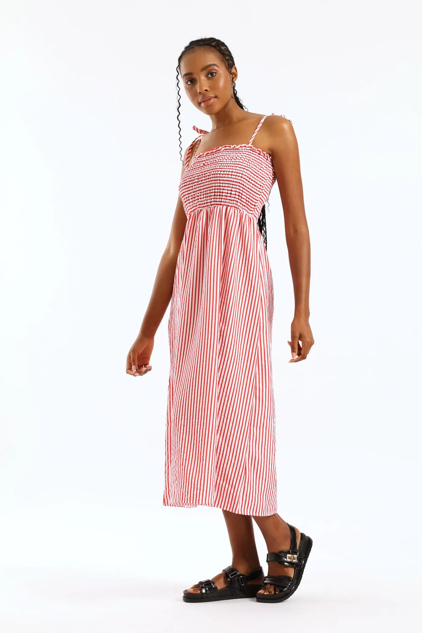 Tie Strap Shirred Bodice Seesucker Stripe Fit & Flare Midi Dress - White/Red sold by Edgars product image thumbnail 4