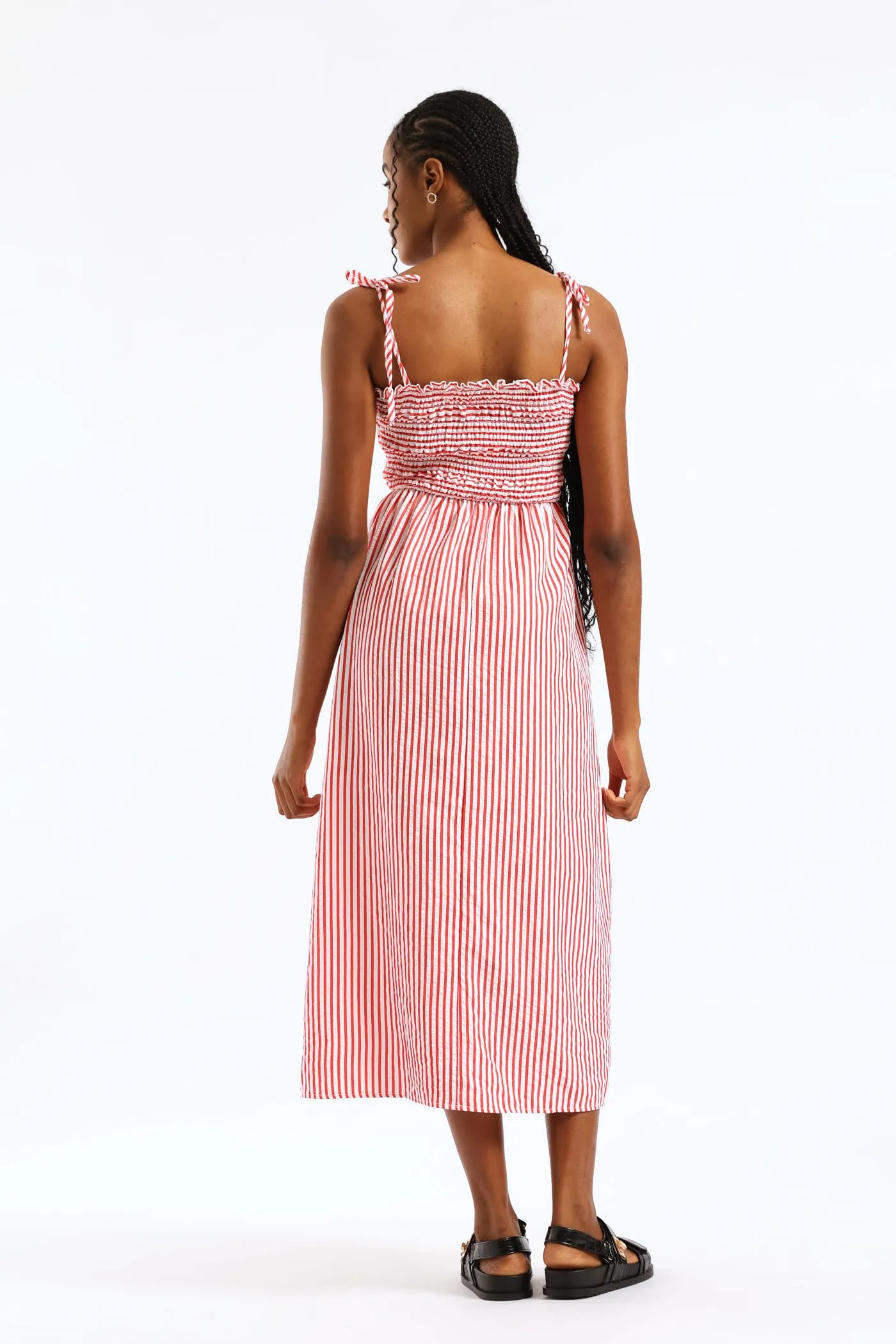 Tie Strap Shirred Bodice Seesucker Stripe Fit & Flare Midi Dress - White/Red sold by Edgars product image thumbnail 3