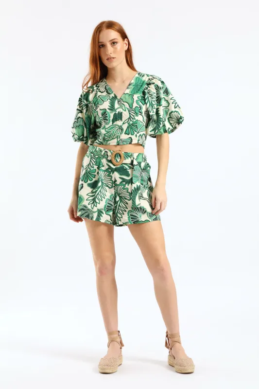 O-Ring Belted Mid Thigh Short - Cream/Green sold by Edgars