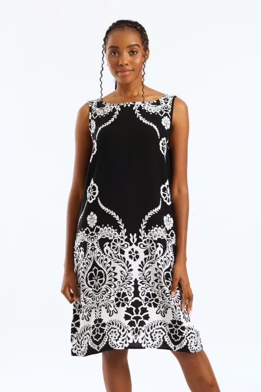 Border Print Detail Printed Shift Dress - Black/White sold by Edgars
