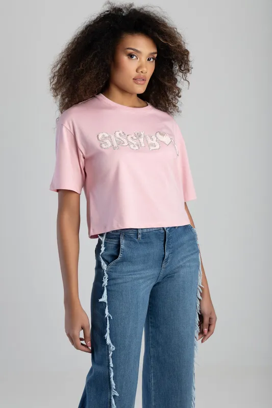 Call Me Yours Textured Bling Logo Boxy Top - Pink sold by Edgars