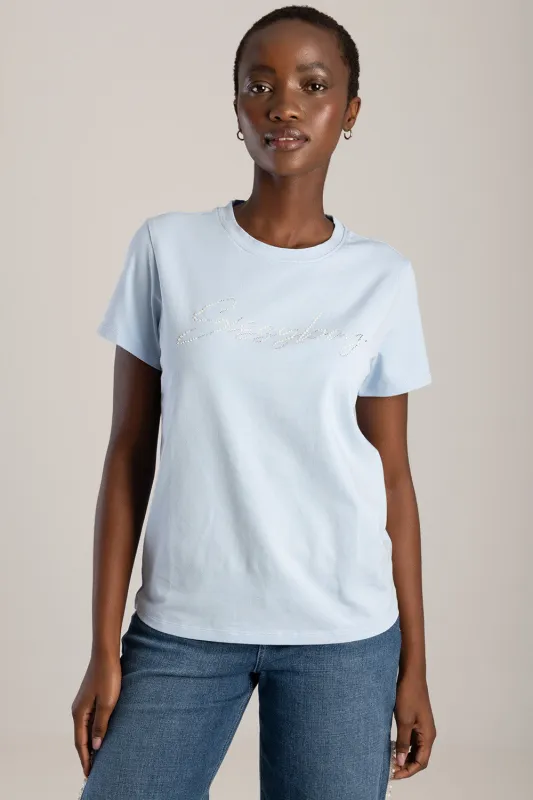 Pearl & Diamante Logo Transfer Regular T-Shirt - Pale Blue made by Edgars