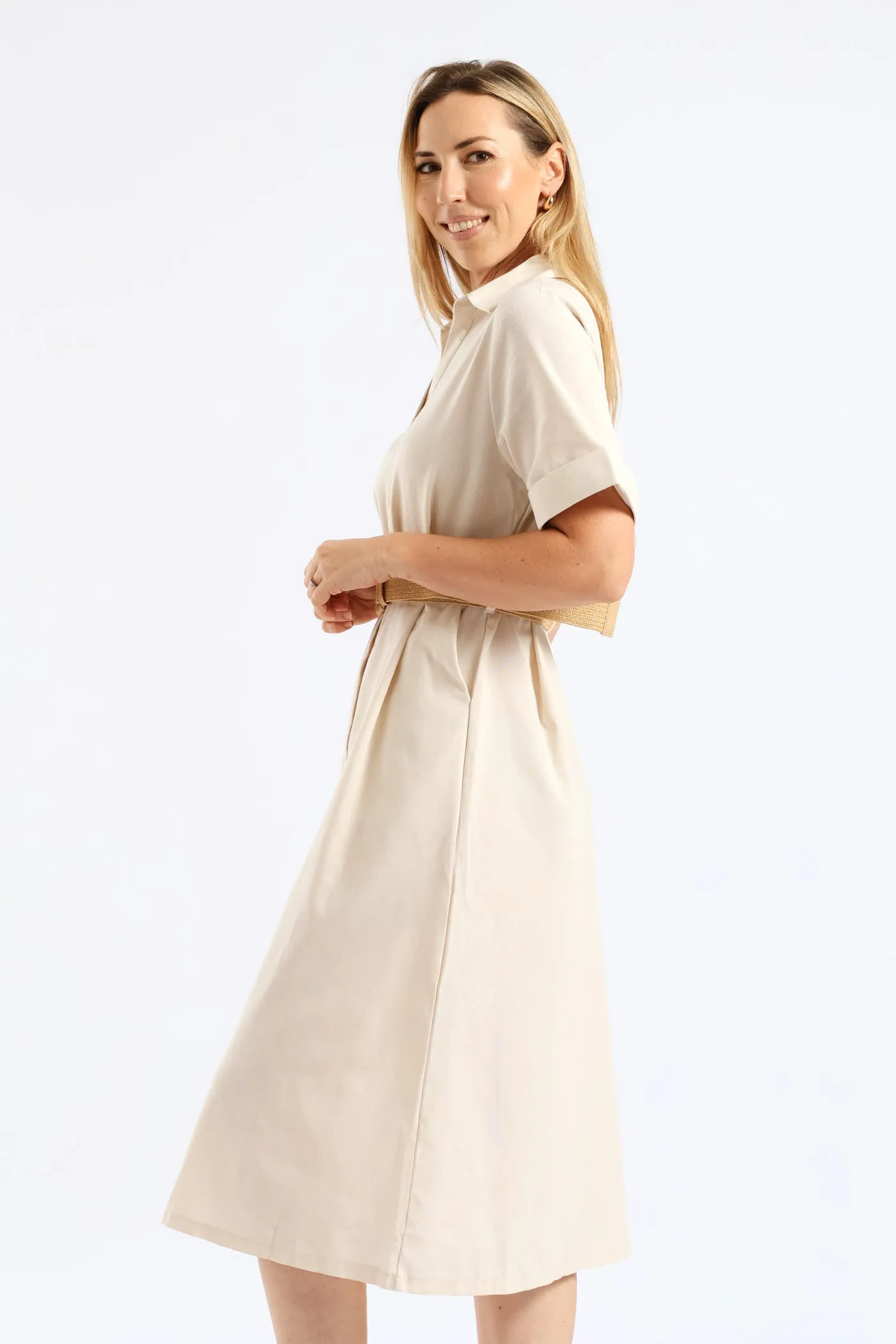 Turn Up Sleeve Raffia Belted Linen Midi Shirt Dress - Stone sold by Edgars product image thumbnail 4