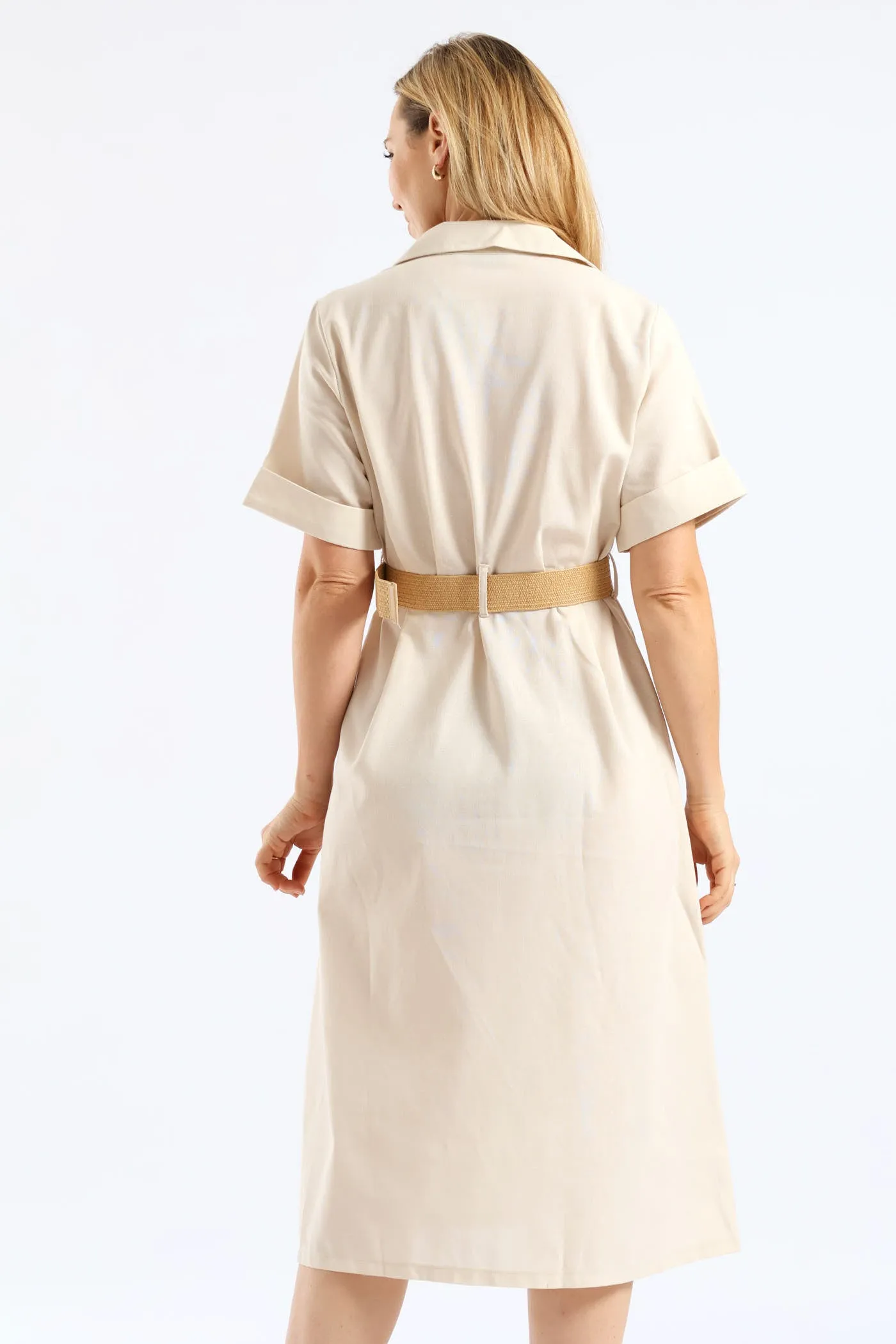 Turn Up Sleeve Raffia Belted Linen Midi Shirt Dress - Stone sold by Edgars product image thumbnail 5